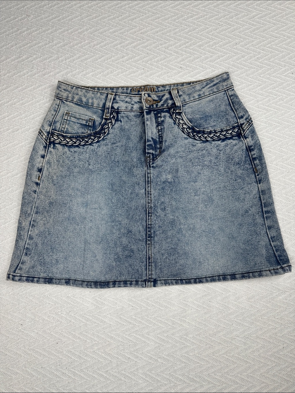 Cream Washed Blue Denim Mini Skirt with Braided Trim pockets western boho Y2K